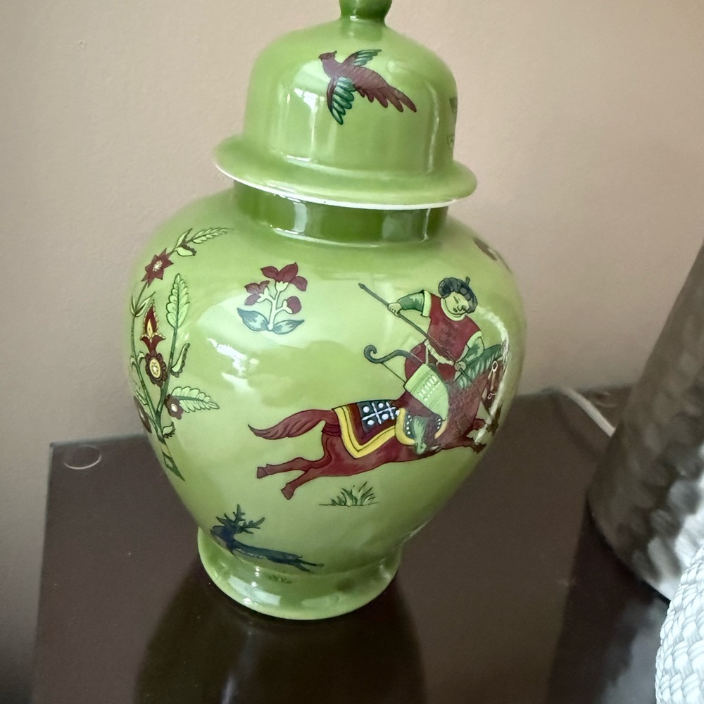 Green Decorative Ceramic Jar with Horseman Design